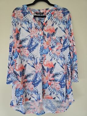 Tango Mango Coral & Blue Floral Henley Tunic Top Size XXL TROPICAL SUMMER